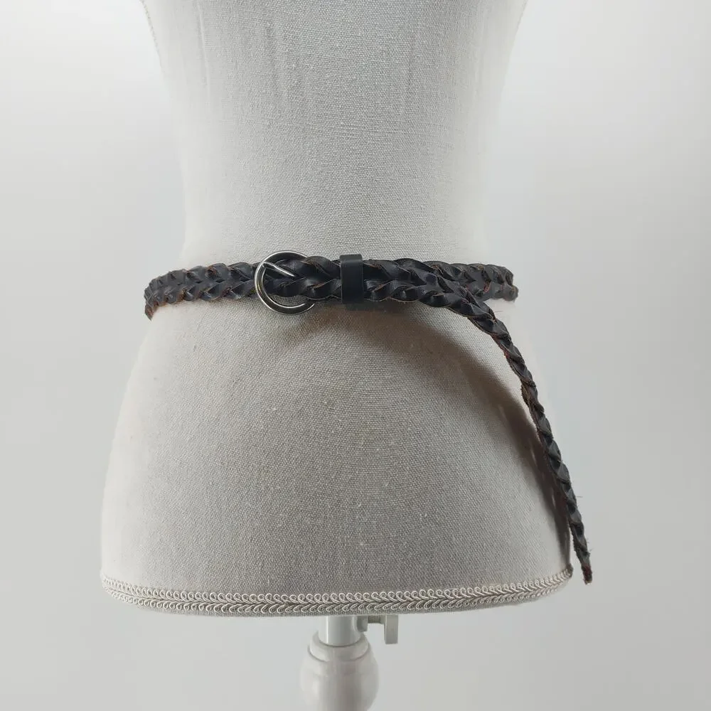 Brown Womens Sz M/L Leather Belt Braided Silver Tone Buckle